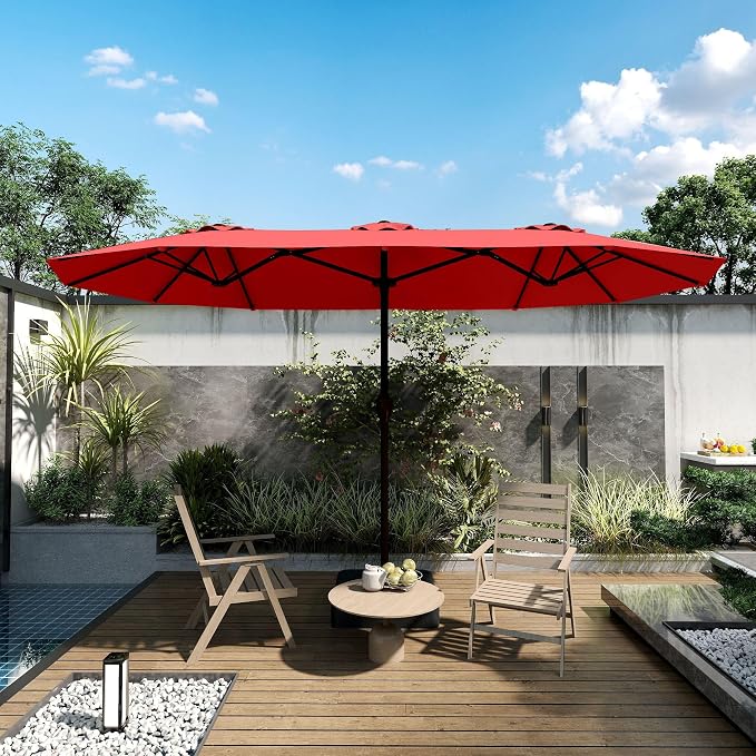 Kingdura 15ft Large Patio Umbrella with Base Included, Double-Sided Rectangle Outdoor Table Umbrella with 12 Reinforced Ribs, Crank Lift for Market Pool Deck Backyard, Red