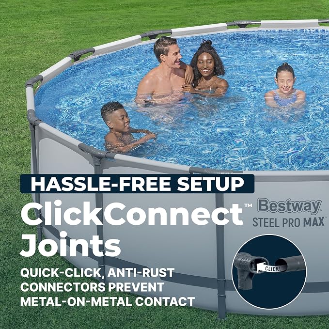 Bestway Steel Pro MAX 14' x 42" Above Ground Swimming Pool Set with Pump | Durable Round Metal Frame Outdoor Backyard Pool, Puncture-Resistant Liner - Ladder and Cover Included, Gray
