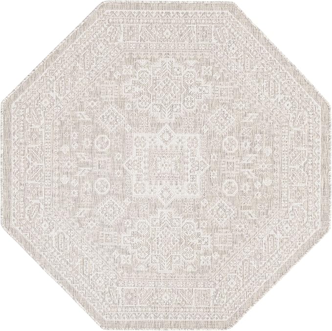 Unique Loom Outdoor Aztec Collection Area Rug - Chalca (5' 3" Octagon, Light Gray/ Ivory)