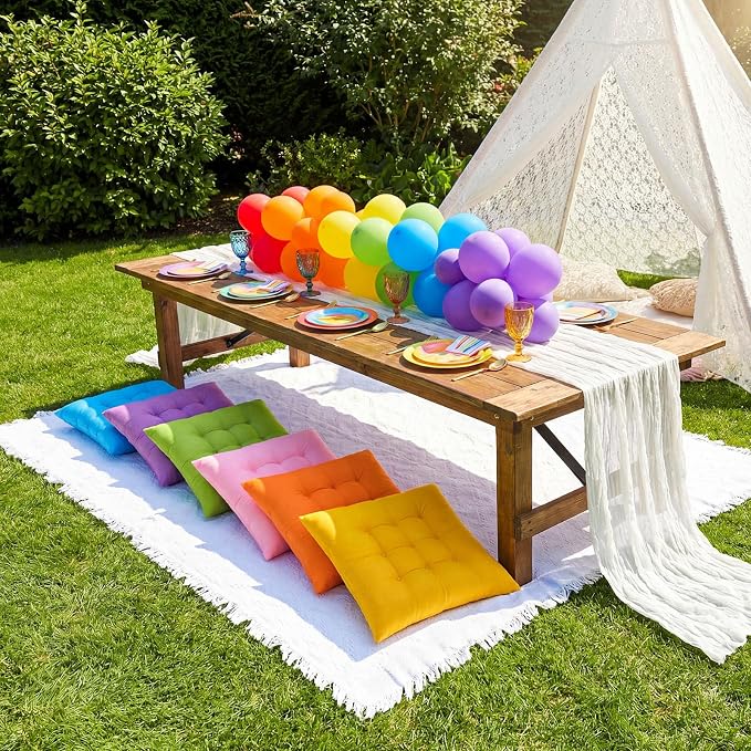 8 Pcs Fit for 6 People 91 x 71'' Extra Large Outdoor Picnic Blanket with Bright Table Runner and Floor Pillow Cushion Fit for 6 People Picnic Wedding Birthday Baby Shower Backyard Decor