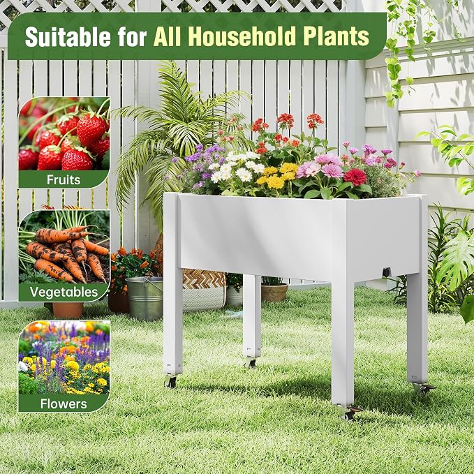 Elevated 26.3" Tall Raised Garden Bed with Wheels - Outdoor Mobile Resin Planter Box with Drainage Holes for Vegetables Flower Herbs, Weather Resistant, Medium Ashen (26.3" h)
