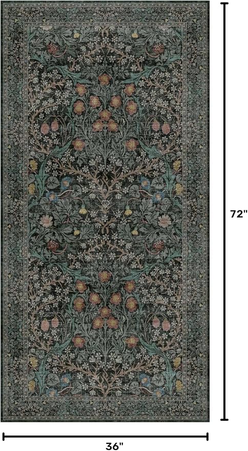 Dark Green Washable 3x6 Runner Rug for Entryway, Low Pile Non-Slip Indoor Floor Area Rugs for Kitchen, Bedroom Bedside, Bathroom, Stain & Fade Resistant, Vintage Floral Design