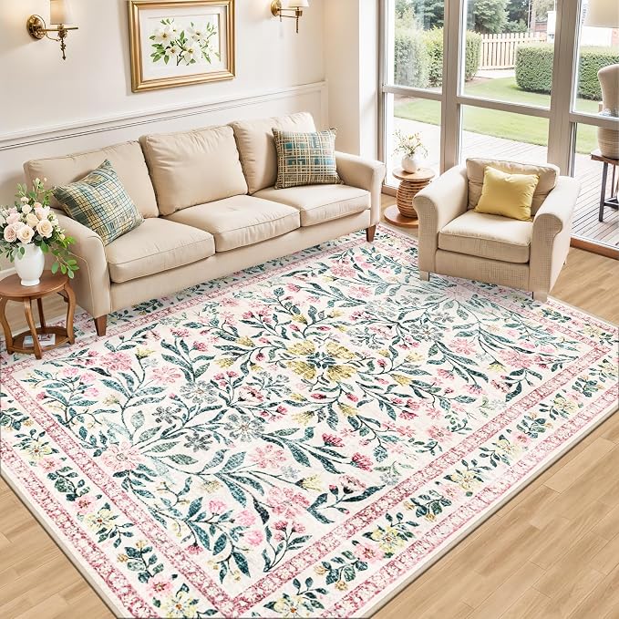 PLHXFR 8x10 Area Rug Living Room: Floral Washable Boho Carpet Pink Green | For Bedroom Dining Room Farmhouse Nursery Hallway,Vintage Floral,Machine washable,Non Slip,Stain Resistant,Large Indoor