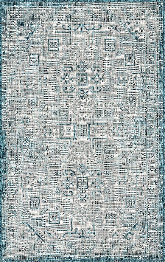 Unique Loom Outdoor Aztec Collection Area Rug - Coba (3' 3" x 5' 3" Rectangle, Teal/ Ivory)