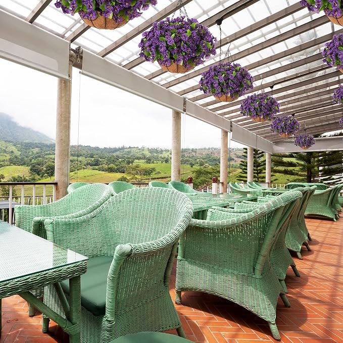 Ammyoo Artificial Hanging Flower Plants with Basket for Spring Summer Outdoor Decoration, Faux Petunias Flowers Fake Morning Glories Planter for Outside Patio Garden Porch Balcony Yard Decor(Purple)