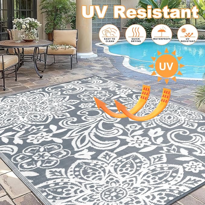Findosom Waterproof Outdoor Rug 6' x 9' - Reversible Mandala Outdoor Plastic Straw Rug, Durable Foldable Patio Rug for RV, Deck, Balcony, Backyard, Picnic, Porch, Camping, Beach, Gray