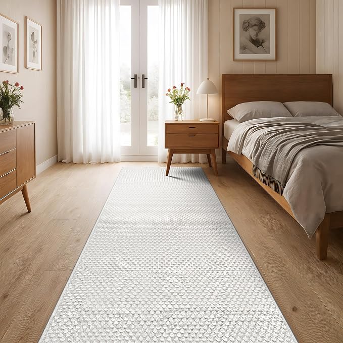CAMILSON Indoor and Outdoor Runner Rug Off-White Solid Woven Design Easy-Cleaning Non Shedding Farmhouse Living Room Bedroom Garden Patio and Kitchen Washable Outside Carpet Alfombras (2x7)