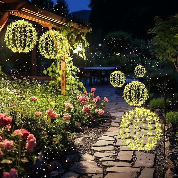 Joomer Solar Hanging Ball Lights Outdoor, 2-Pack 13in & 11in Total 264 LED Solar Globe Lights, 8 Modes Waterproof Metal Sphere Lights with Hooks for Patio Garden Decor - Warm White