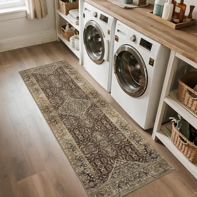 Vintage Brown Runner Rugs for Hallway: Washable Runner Rug 2x6 for Entryway Kitchen Bathroom Bedroom Indoor - Home Decor Mat Carpet - Oriental Dark Brown