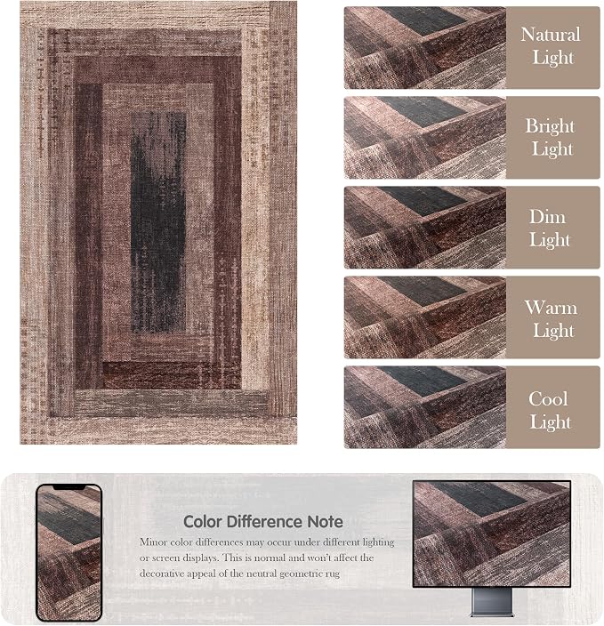 Neutral Geometric Brown 5x8 ft Large Rug for Living Room Bedroom | Contemporary Modern Area Rugs Vintage Non-Slip Soft Faux Wool Low Pile Indoor Carpet for Dining Room Office Home Decor
