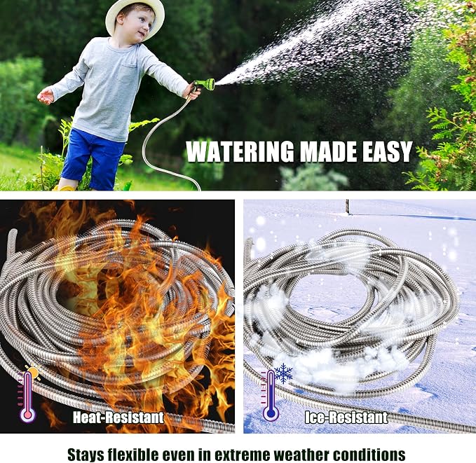 Metal Garden Hose 100 ft Water Hose 304 Stainless Flexible Lightweight Outdoor Yard Strong Durable Heavy Duty Hose Pipe with 10-Way Nozzle Solid 3/4" Brass Connectors No Kink Leakproof Outside