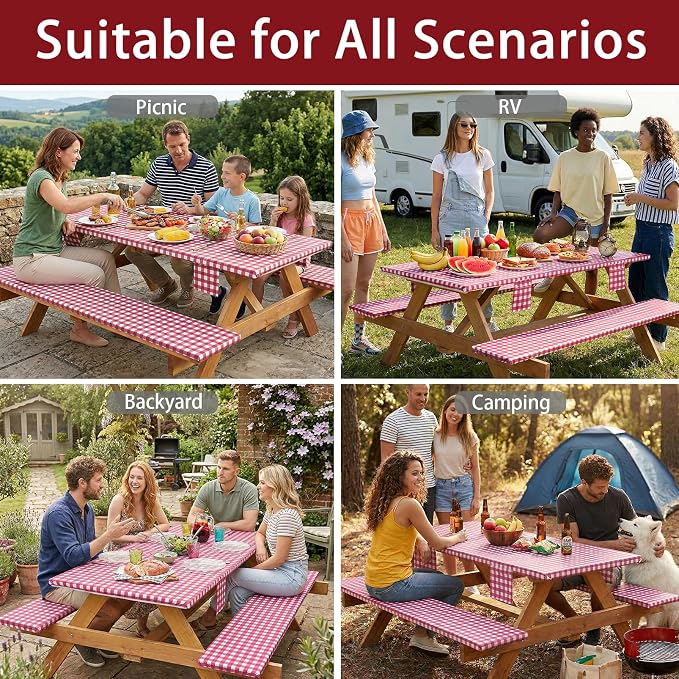Jobunai Fitted Picnic Table Cover with Bench Covers Elastic Waterproof Outdoor Camping Tablecloth for 6 Foot Rectangle Tables Camper Summer Accessories Rv Car Essentials Vacation Gifts for Men Women