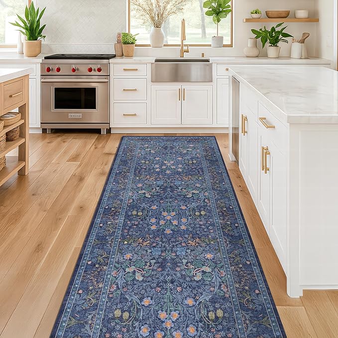 Dark Blue 3x10 Extra Long Wide Runner Rug for Hallway, Non Slip Washable, 10 ft Large Kitchen Indoor Floor Rugs for Entryway, Stain Resistant Vintage Floral Carpet