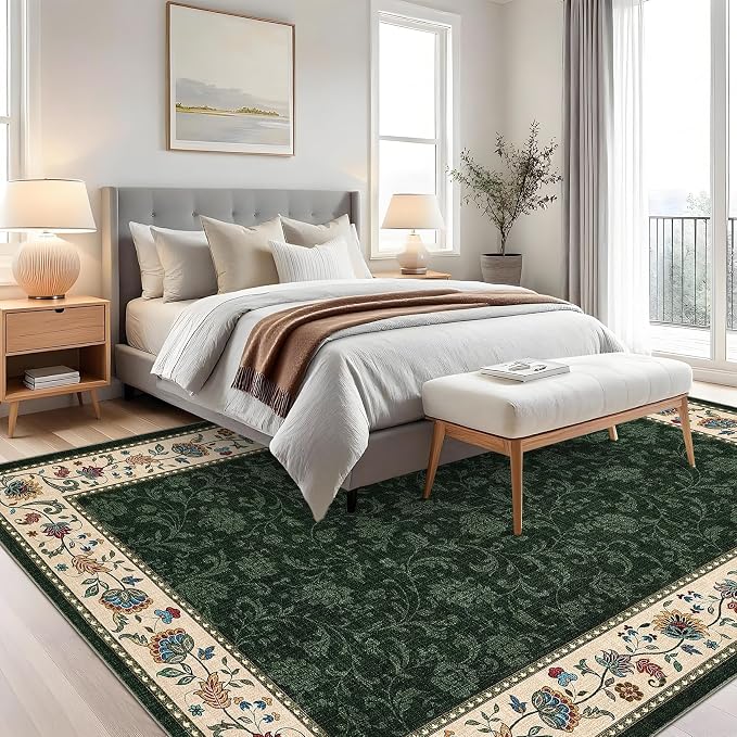 Garvee Area Rugs 9x12 Living Room Washable Rug Vintage Floral Rugs | Green Boho Border Area Rug Stain Resistant Easy Cleaning Throw Rugs Low Pile Floor Cover for Nursery Dining Room Apartment