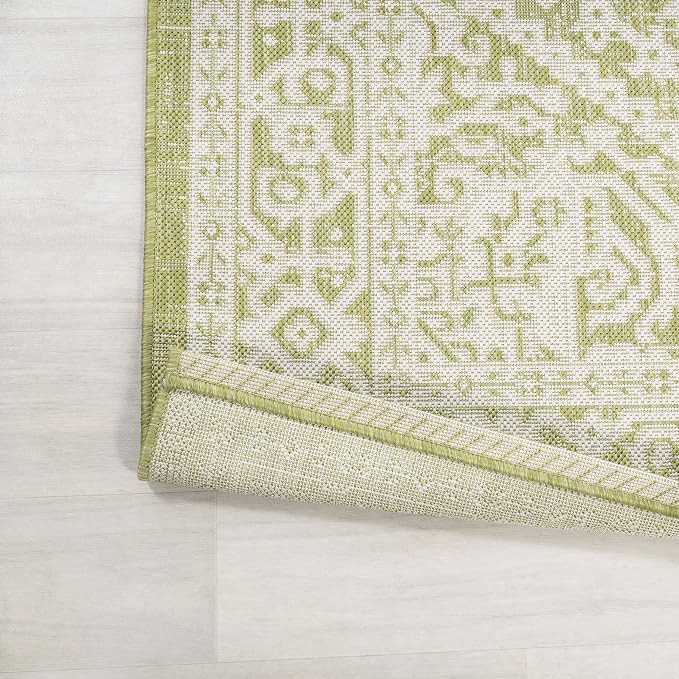 JONATHAN Y Medallion Weave Indoor Outdoor Round Area Rug 5 Ft Green/Cream, Sinjuri Textured for Backyard, Patio, Porch, Easy-Cleaning, High Traffic, Pet-Friendly, Non-Shedding (SMB101E-5R)