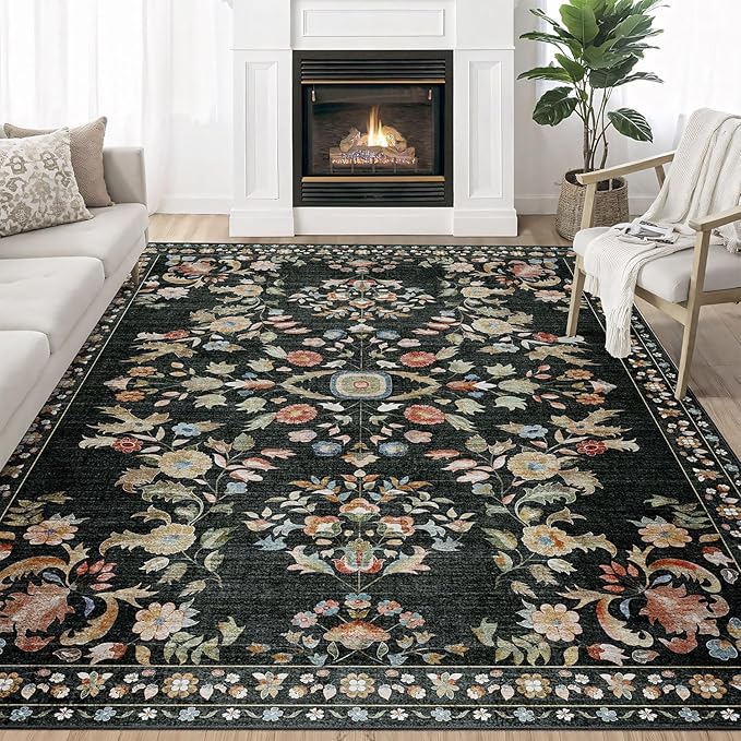 5x7 Area Rugs Washable Floral Rug Non Slip Ultra-Thin Large | Machine Washable Throw Carpet for Living Room Bedroom Office Dining Room Floor Indoor Low Pile Boho Vintage Black