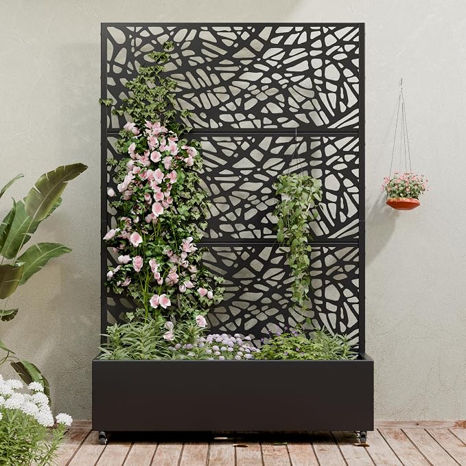 Casaphoria Metal Raised Garden Bed with Trellis and Wheels, 72"x47"x16" Planter Box for Climbing Plants, Vegetables & Vines, Features Drainage Holes and Privacy Screen (Black-Net)