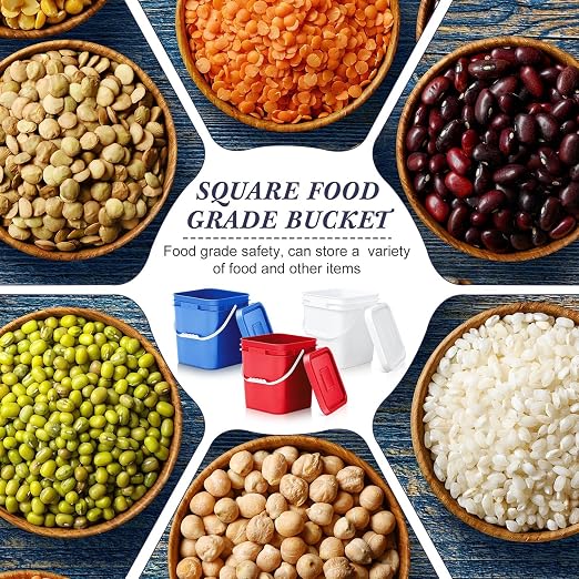 Mumufy 3 Pcs 3.5 Gallon Square Food Grade Bucket with Lid Square Bucket Pail Plastic Handles for Long Term Food Storage, Camping, Fishing, Home Organization Easy Stack and Store (White,Red,Blue)