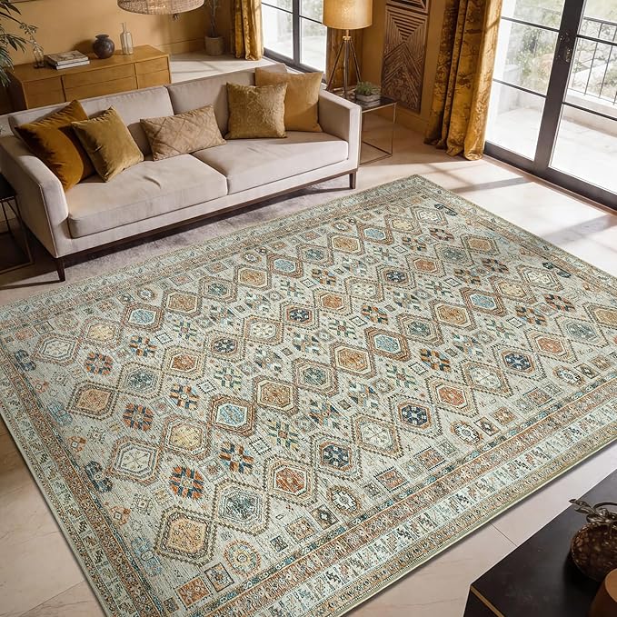 Keen Home Design Vintage Washable Area Rug, Non-Slip Low Pile, 6x9 | Machine Washable Cotton Chenille, 0.25In Low Pile, Rubber Non-Slip Back; Living Room, Dining Room, Bedroom, Office