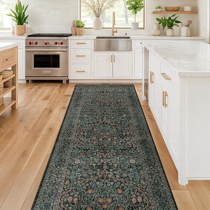 Dark Green 2'6" x 10' Runners for Wide Hallways Non Slip, Extra Long 10ft Floor Runner for Kitchen, Entryway Indoor, Washable Rubber Backing Stain Resistant - Vintage Floral Décor