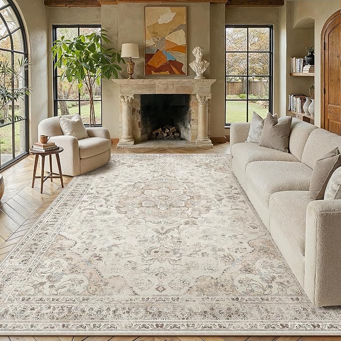 Beige Area Rug 6x9 Living Room Vintage Floral Non-Slip Carpet | Machine Washable, Soft, Low Pile, Distressed, Large for Bedroom, Dining Room, Office, Retro Neutral Decor