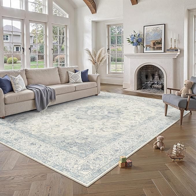 8x10 Blue Washable Area Rug Non Slip Vintage Carpet | Low Pile, Stain Resistant, Living Room, Bedroom, Nursery, Office, Playroom, Dining Room, Soft, Large, Lightweight