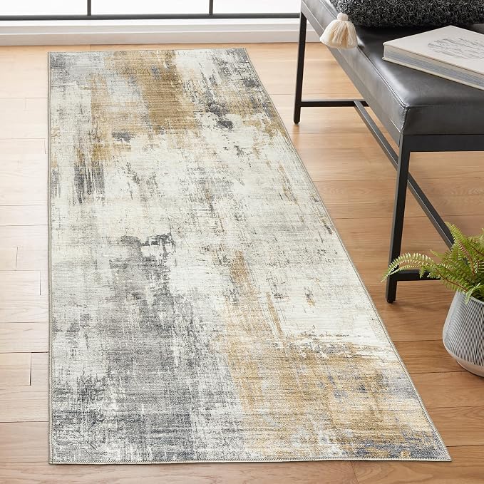 Machine Washable Area Rug Runner - Living Room Bedroom Bathroom Kitchen Entryway Office - Padded Low Pile Stain Resistant Premium - Modern Abstract Contemporary - Quinn - Beige 2'6" x 6'