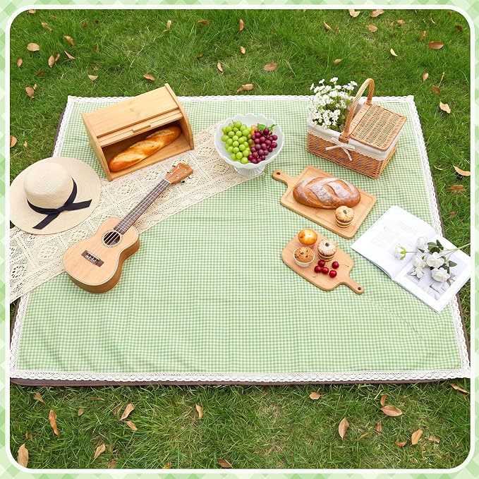 VitalCozy Waterproof Picnic Blankets 59 x 78in Outdoor Blanket Foldable 2 in 1 Double Layer Sandproof Beach Mat with Carry Strap for Camping Lawn Park Beach Grass (Green White)