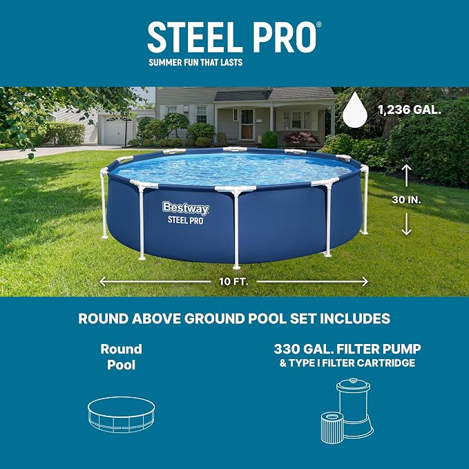 Bestway Steel Pro 10' x 30" Above Ground Swimming Pool Set with Pump | Durable Round Metal Frame Outdoor Backyard Pool, Puncture-Resistant Liner - Type I Filter Cartridge Included, Blue