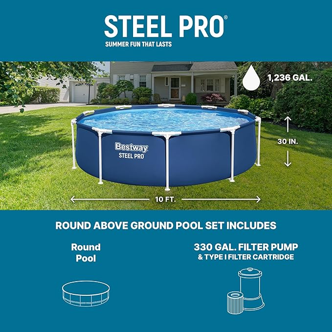 Bestway Steel Pro 12' x 30" Above Ground Swimming Pool Set with Pump | Durable Round Metal Frame Outdoor Backyard Pool, Puncture-Resistant Liner - Type I Filter Cartridge Included, Blue