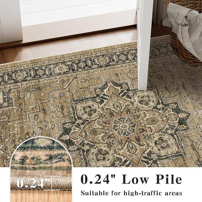 5x7 Area Rug for Living Room Soft Washable Vintage Boho Area Rug | Non-Slip, Retro Print, Low Pile, Stain Resistant, Soft Washable Green Carpet, for Bedroom, Dining Room, Nursery, Home Office