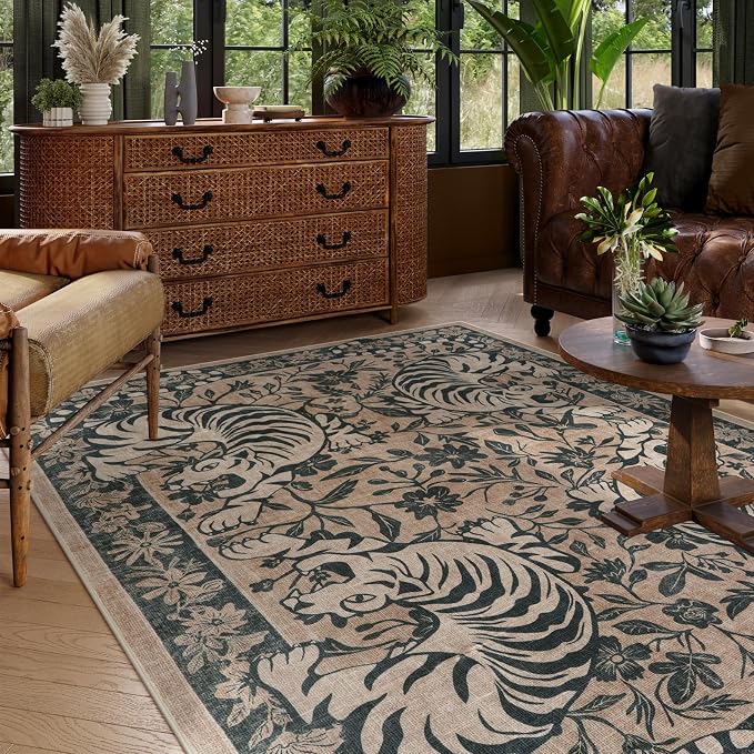 LIVEBOX Tiger Washable Area Rug 8x10, Boho Rugs for Living Room Non-Slip Jungle Floral Bedroom Rug, Vintage Soft Western Animal Floor Carpet for Dining Room Home Office Dorm (Taupe)