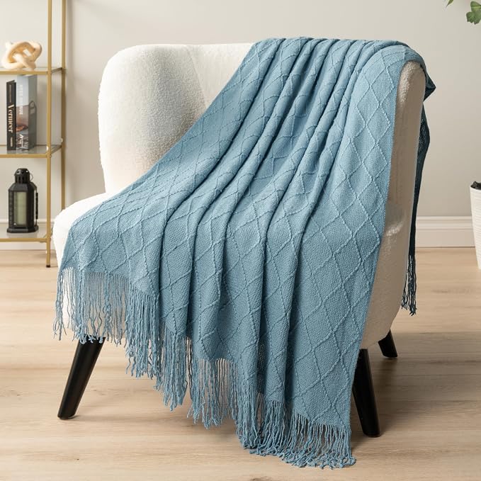 PAVILIA Dusty Blue Knit Throw Blanket for Couch Bed, Soft Knitted Farmhouse Sofa Throw for Living Room, Lightweight Decorative Summer Throw Blanket for Chair, Outdoor Textured Boho Blanket, 50x60