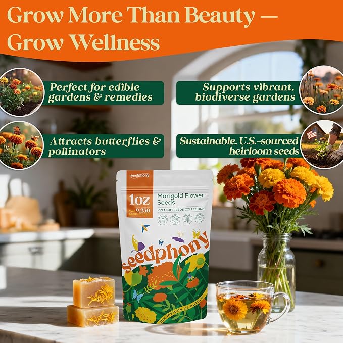 Seedphony Marigold Seeds Pack 1 oz - 9,250 Non-GMO Heirloom Marigold Seeds for Planting, Perennial Flowers in Waterproof Seed Packet, Wildflower Seeds for Planting Garden Indoor & Outdoor Gardening
