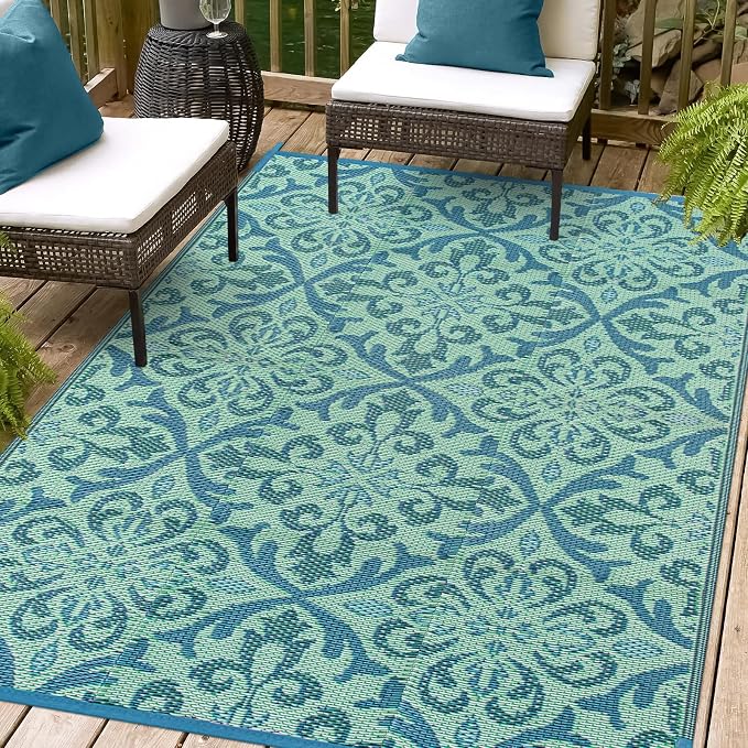 Lahome Waterproof Outdoor Rug 6x9 ft, Reversible Plastic Straw Patio Rug for Camping, RV Mat Outside, Indoor Outdoor Carpet for Porch Deck Backyard Camper Picnic, Light Blue and Green 6x9