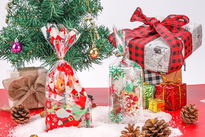 150PACK Christmas Cellophane Bags Treat Cookie Gift Bags with Twist Ties for Christmas Party Favors(150PACK, 5x10inch)