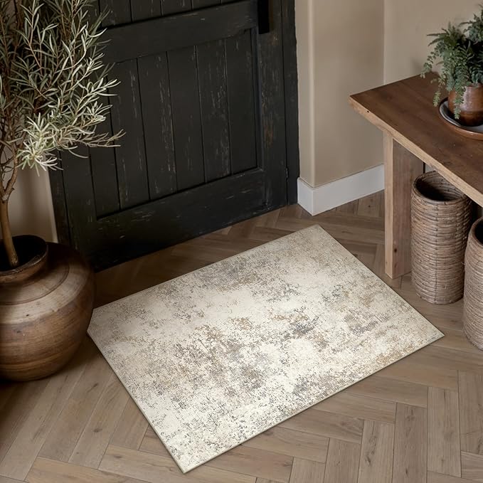 2x3 Beige Brown Modern Abstract Washable Area Rug for Entryway | Low Pile, Non Slip, Modern Abstract Style, Soft Indoor Rug for Entryway, Kitchen, Bathroom, Door Mat, Home Decor