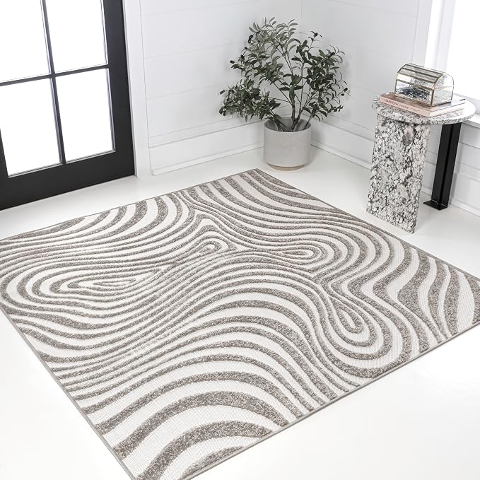 JONATHAN Y Maribo High-Low Abstract Striped Gray/Ivory 6x6 Square Indoor/Outdoor Area Rug, Pet Friendly, Non-Shedding, Stain Resistant, Easy-Cleaning for Backyard, Patio, Porch (SCN103B-6SQ)