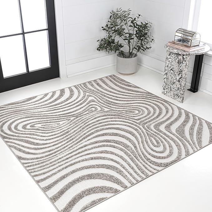 JONATHAN Y Maribo High-Low Abstract Striped Gray/Ivory 5x5 Square Indoor/Outdoor Area Rug, Pet Friendly, Non-Shedding, Stain Resistant, Easy-Cleaning for Backyard, Patio, Porch (SCN103B-5SQ)