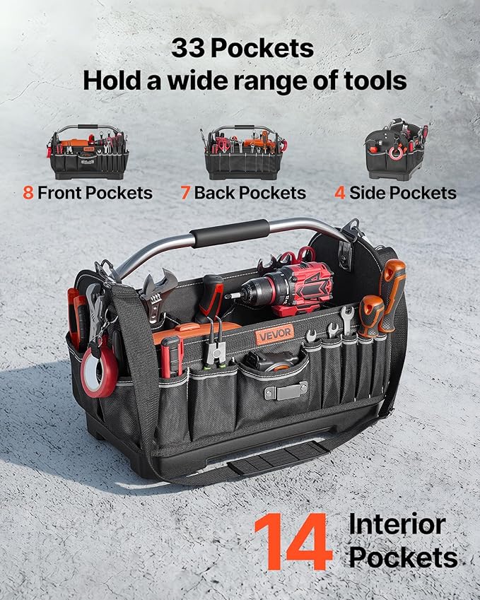 VEVOR Tool Bag, 16.1 Inch, 33-Pocket Open Top Tool Tote, Portable Electrical Maintenance Toolbox Organizer Storage with Hard Plastic Base, Adjustable Shoulder Strap, for Professionals DIY & Jobsite