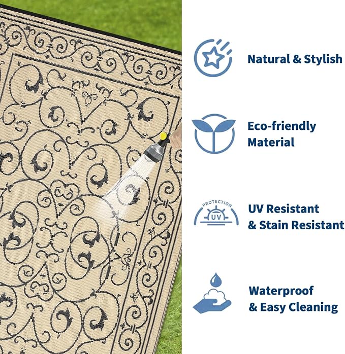 Garvee 8x10 Outdoor Rug Waterproof Plastic Straw Rug Outdoor Patio Rugs Reversible Mat Easy Clean Foldable Lightweight Large Area Rugs for Patio Porch Backyard Camping RV Beach Balcony Vintage Beige