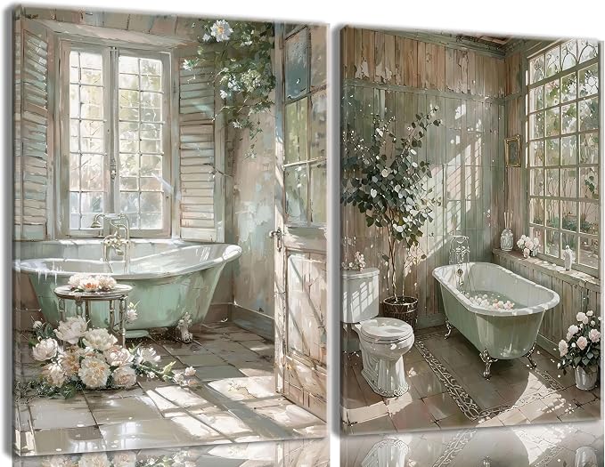 Vintage Farmhouse Theme Bathroom Canvas Wall Art Bathtub With Flowers Poster Print Painting Rustic Farmhouse Window Wall Decor Sunlit Floral Bathroom Pictures Artwork for Toilet Restroom Decoration