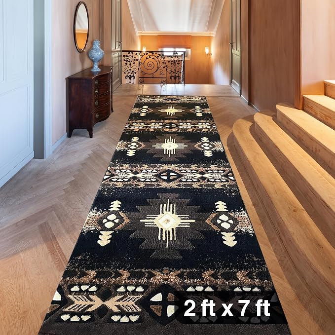YHSF Southwest Native American Area Rug – Thick, Soft, Durable & Easy to Maintenance Tribal Design Boho Rug– Ideal for Bedroom, Living Room & Hallway - Black, 2 Feet x 7 Feet
