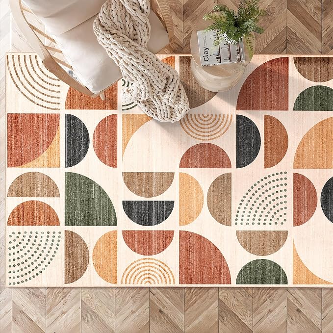 3x5 Rug Washable,Boho Area Rugs Small Non Slip Modern Abstract | Machine Washable Throw Carpet for Bedroom Entryway Living Room Bedside Soft Low Pile Floor Indoor Bohemian Terracotta