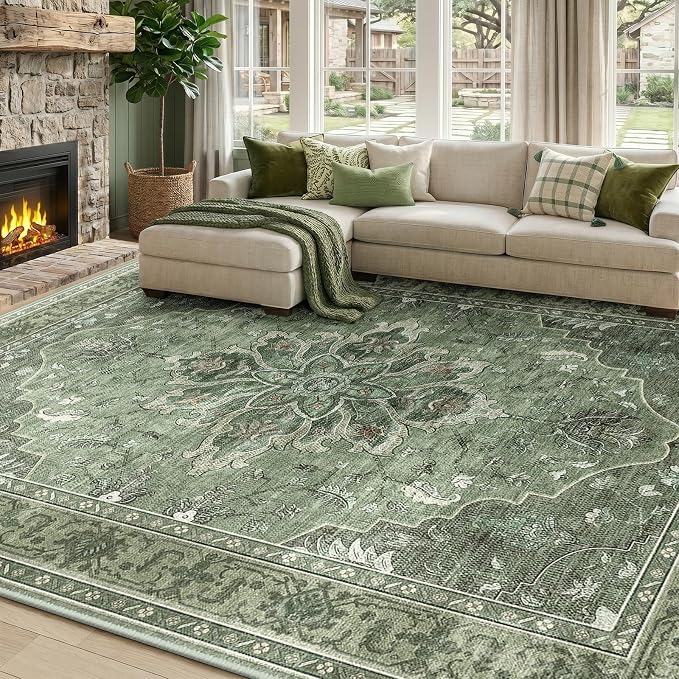 RELEANY Washable Area Rug, 8'x10', Green/Dark Green/Gray | Non-Slip, Water Repellent, Pet Friendly, Easy to Clean, Vintage Floral Boho Decor for Living Room Bedroom Dining Room