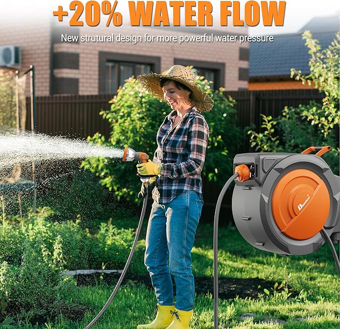 1/2" x 160 ft Retractable Hose Reel, Heavy Duty Retractable Garden Hose Reel Wall Mounted with 10-Pattern Hose Nozzle/Any Length Lock/Slow Return System/180°Swivel Bracket,Orange