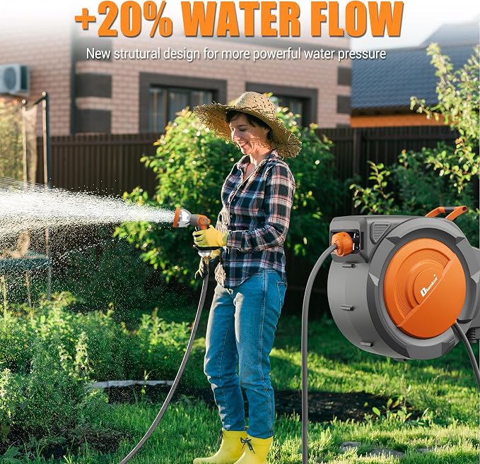 5/8" × 110 ft Retractable Hose Reel, Heavy Duty Retractable Garden Hose Reel Wall Mounted with 10-Pattern Hose Nozzle/Any Length Lock/Slow Return System/180°Swivel Bracket, Orange