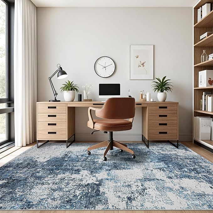 Tosuoka 9x12 Area Rugs for Living Room Abstract Washable Blue Rug | With Anti-Slip Backing，Non-Shedding，Stain-Resistant，Soft Modern Large Carpet for Bedroom Dining Room Farmhouse Nursery