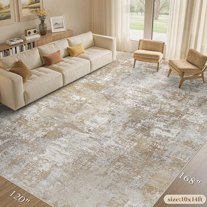 Tortania Washable 10x14 Area Rug for Living Room: Modern Abstract Neutral Large Soft Thin Rugs - Non Slip Indoor Carpet for Bedroom Dining Room Office Nursery Home Floor Decoration - Beige Brown
