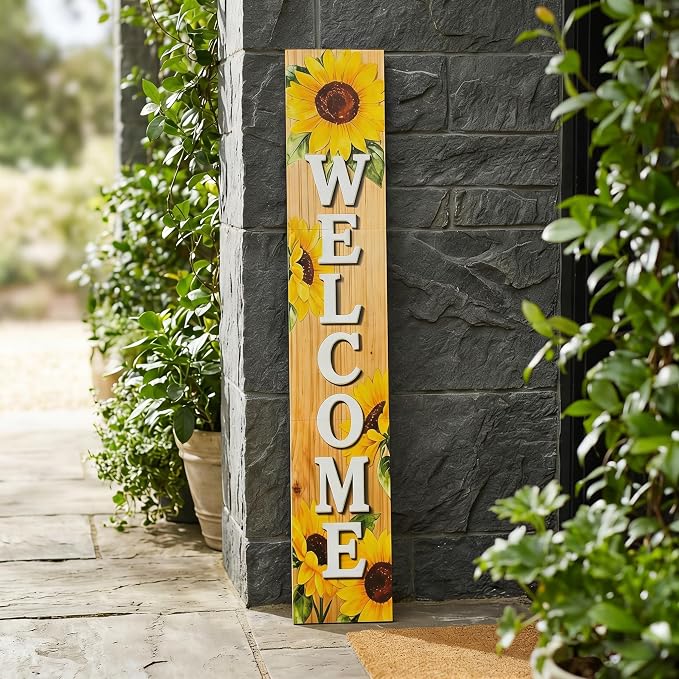 Vertical Wood Welcome Sign for Front Porch Vertical Decorative Sign Front Door Outdoor Indoor Welcome Sign 47.2x7.8 Inch Sunflower Outdoor Decor for Summer Front Porch Decorations.